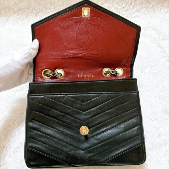 CHANEL 24K Classic Flap Bag Vintage Envelope Chevron Lambskin Leather Purse - Picture 10 of 11